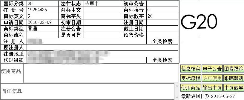 G20峰会 商标注册 G20服装品牌_g2000牌子的衣服好吗